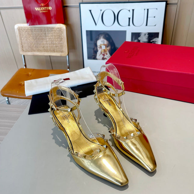 ROCKSTUD CAGED SLINGBACKS 5 CM IN GOLD CALFSKIN