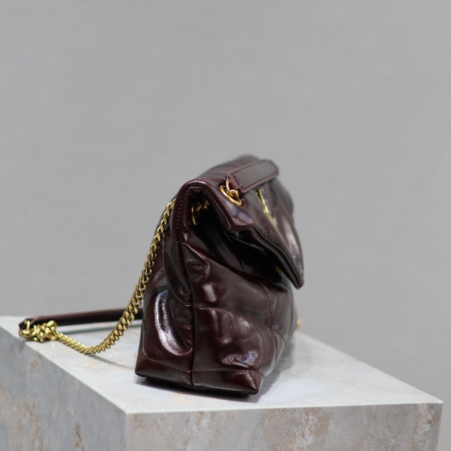 YSL 25S LOULOU PUFFER MEDIUM 29 IN DARK BURGUNDY CALFSKIN