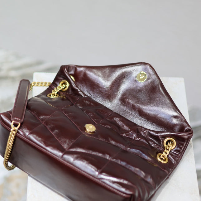 YSL 25S LOULOU PUFFER MEDIUM 29 IN DARK BURGUNDY CALFSKIN