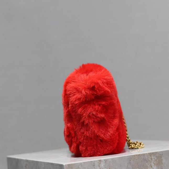 KATE SMALL BAG 22 IN SCARLET RED RABBIT FUR GOLD CHAIN