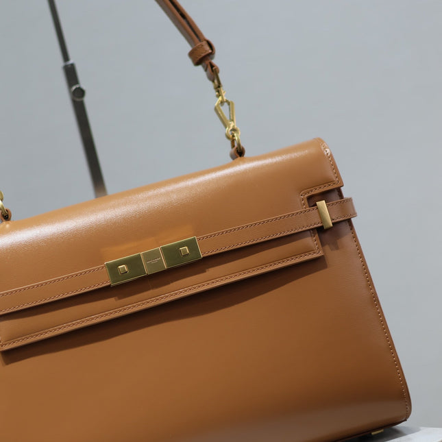 MANHATTAN HANDBAG 32 IN CINNAMON BROWN CALFSKIN GOLD HARDWARE