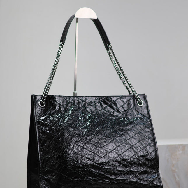 NIKI SHOPPING BAG 39 IN BLACK CRUMPLED CALFSKIN SILVER HARDWARE