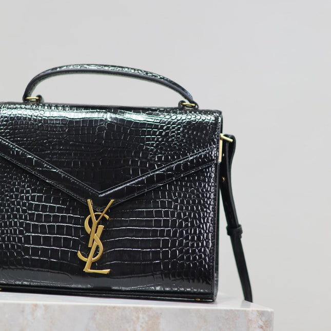 CASSANDRA TOP HANDLE BAG 24 IN BLACK CROCODILE-EMBOSSED GLOSSY CALFSKIN