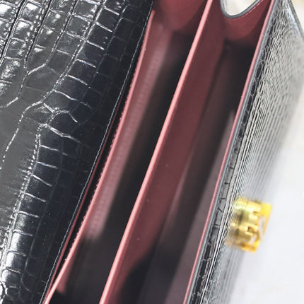 CASSANDRA TOP HANDLE BAG 24 IN BLACK CROCODILE-EMBOSSED GLOSSY CALFSKIN