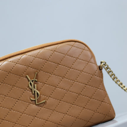 GABY ZIPPED POUCH 19 IN CARAMEL BROWN QUILTED LAMBSKIN GOLD HARDWARE