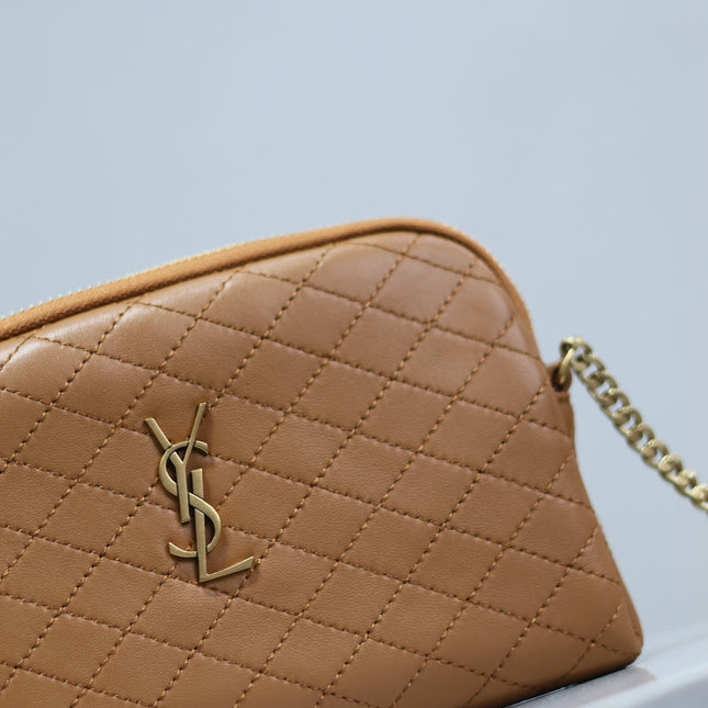 GABY ZIPPED POUCH 19 IN CARAMEL BROWN QUILTED LAMBSKIN GOLD HARDWARE