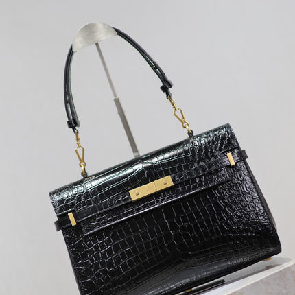 MANHATTAN HANDBAG 32 IN BLACK CROCODILE-EMBOSSED CALFSKIN GOLD HARDWARE