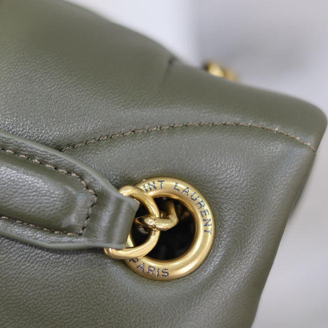 YSL 25S LOULOU PUFFER MM 29 IN DARK OLIVE CALFSKIN GOLD HARDWRE