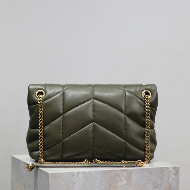 YSL 25S LOULOU PUFFER MM 29 IN DARK OLIVE CALFSKIN GOLD HARDWRE