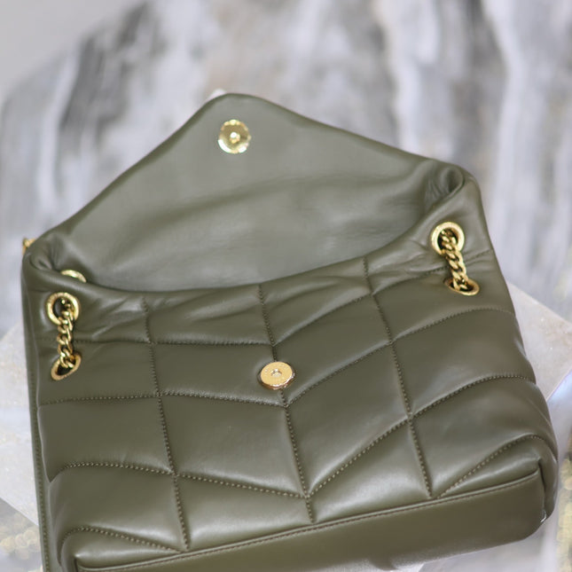 YSL 25S LOULOU PUFFER MM 29 IN DARK OLIVE CALFSKIN GOLD HARDWRE