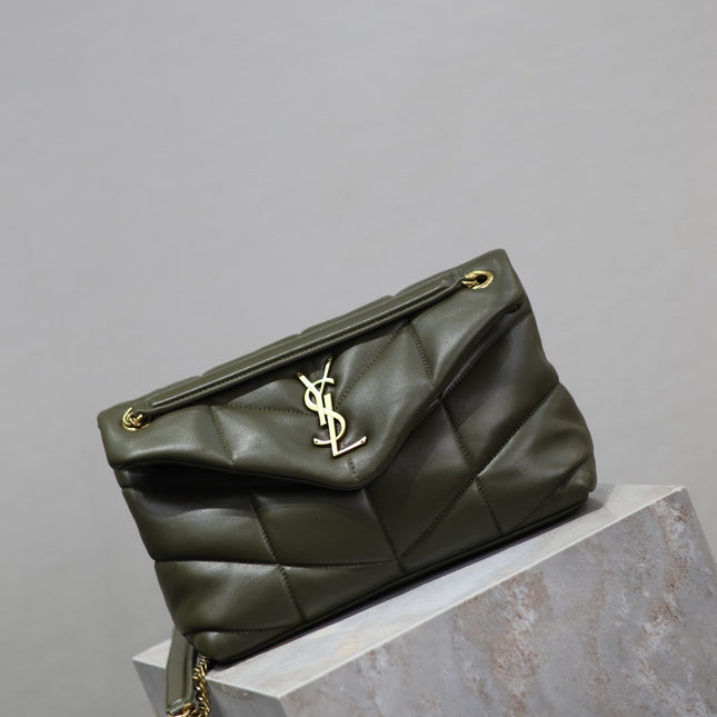 YSL 25S LOULOU PUFFER MM 29 IN DARK OLIVE CALFSKIN GOLD HARDWRE