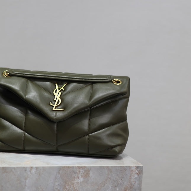YSL 25S LOULOU PUFFER MM 29 IN DARK OLIVE CALFSKIN GOLD HARDWRE