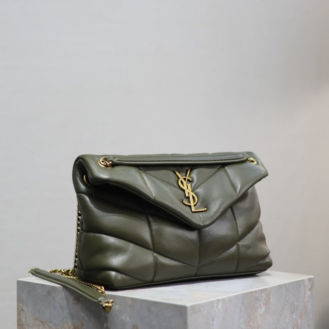 YSL 25S LOULOU PUFFER MM 29 IN DARK OLIVE CALFSKIN GOLD HARDWRE