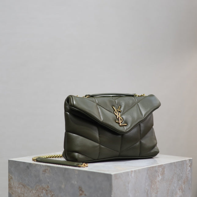 YSL 25S LOULOU PUFFER MINI 23 IN DARK OLIVE CALFSKIN GOLD HARDWRE
