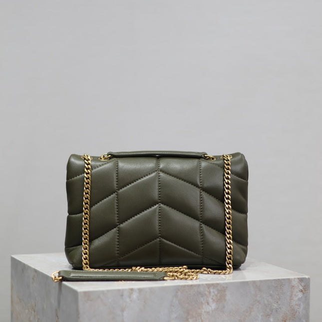 YSL 25S LOULOU PUFFER MINI 23 IN DARK OLIVE CALFSKIN GOLD HARDWRE