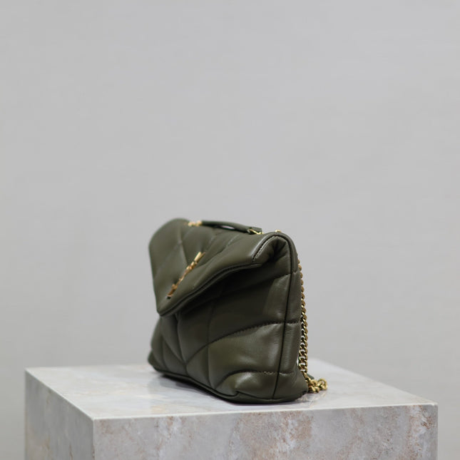 YSL 25S LOULOU PUFFER MINI 23 IN DARK OLIVE CALFSKIN GOLD HARDWRE