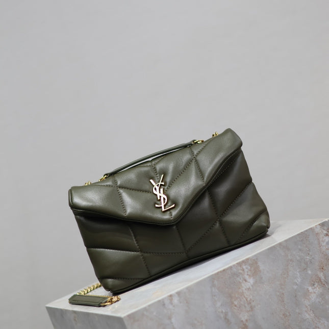 YSL 25S LOULOU PUFFER MINI 23 IN DARK OLIVE CALFSKIN GOLD HARDWRE