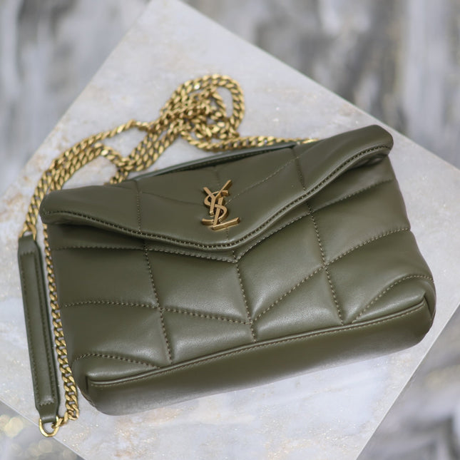 YSL 25S LOULOU PUFFER MINI 23 IN DARK OLIVE CALFSKIN GOLD HARDWRE