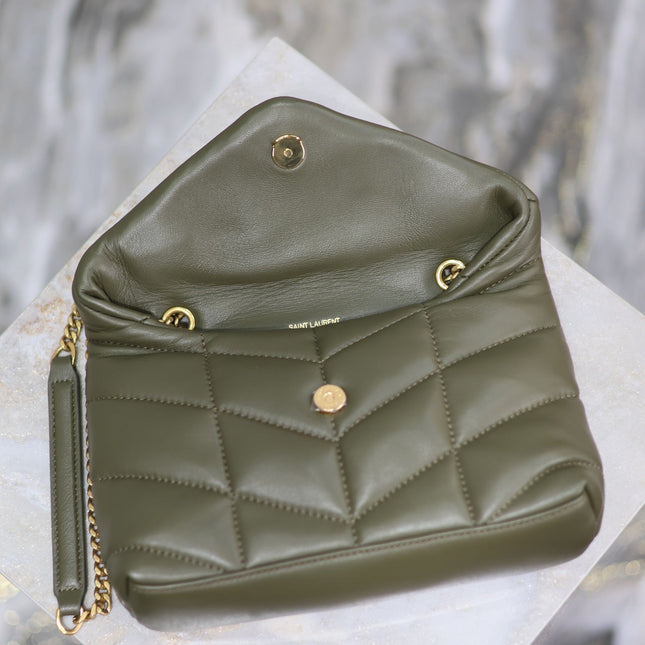 YSL 25S LOULOU PUFFER MINI 23 IN DARK OLIVE CALFSKIN GOLD HARDWRE