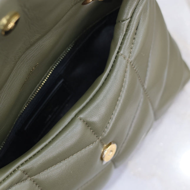 YSL 25S LOULOU PUFFER MINI 23 IN DARK OLIVE CALFSKIN GOLD HARDWRE