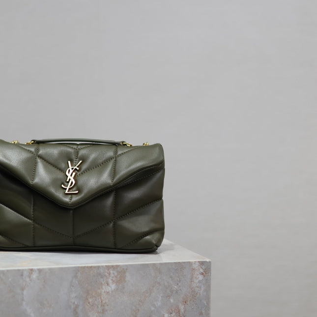 YSL 25S LOULOU PUFFER MINI 23 IN DARK OLIVE CALFSKIN GOLD HARDWRE