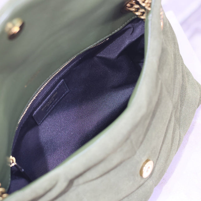 YSL 25S LOULOU PUFFER MM 29 IN GREEN SUEDE GOLD HARDWRE
