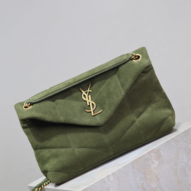 YSL 25S LOULOU PUFFER MM 29 IN GREEN SUEDE GOLD HARDWRE