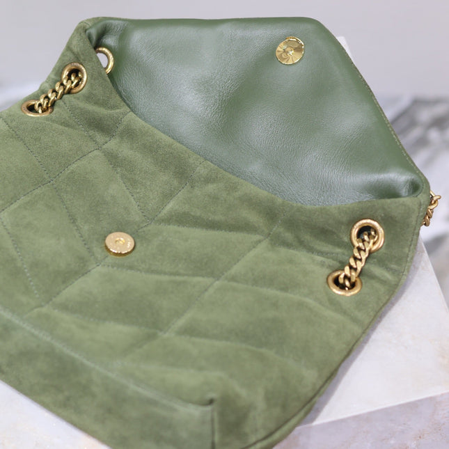 YSL 25S LOULOU PUFFER MM 29 IN GREEN SUEDE GOLD HARDWRE