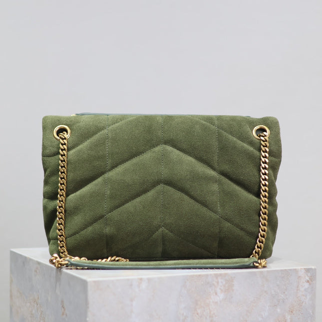 YSL 25S LOULOU PUFFER MM 29 IN GREEN SUEDE GOLD HARDWRE
