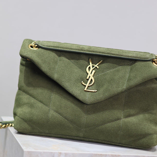 YSL 25S LOULOU PUFFER MM 29 IN GREEN SUEDE GOLD HARDWRE