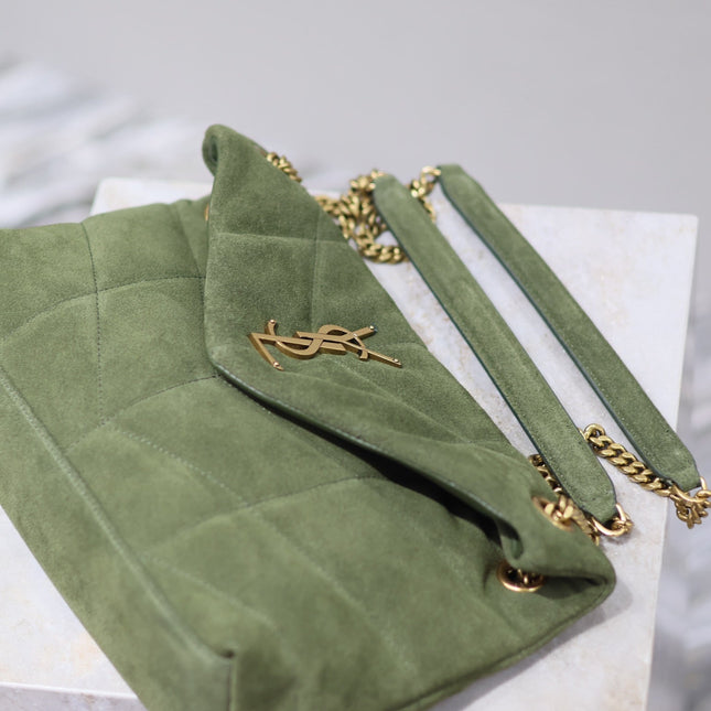 YSL 25S LOULOU PUFFER MM 29 IN GREEN SUEDE GOLD HARDWRE