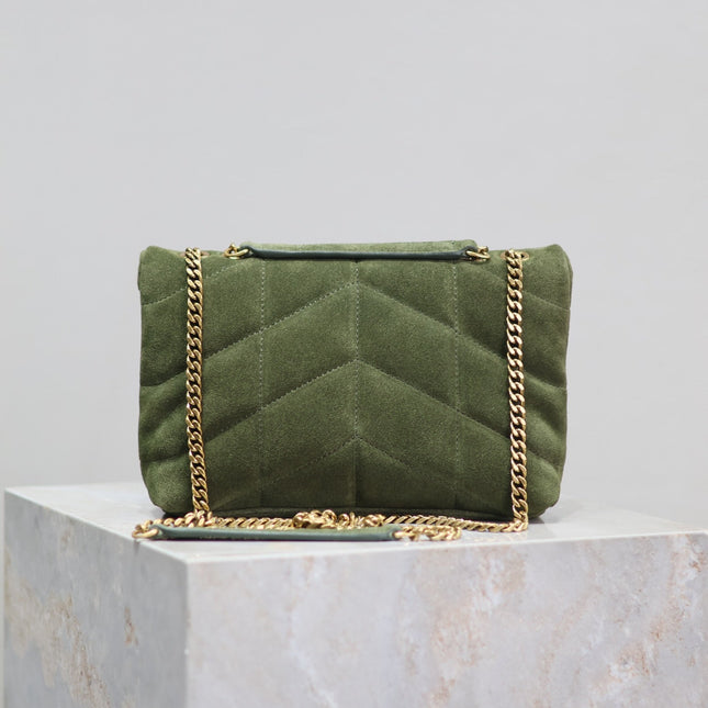 YSL 25S LOULOU PUFFER MINI 23 IN GREEN SUEDE GOLD HARDWRE