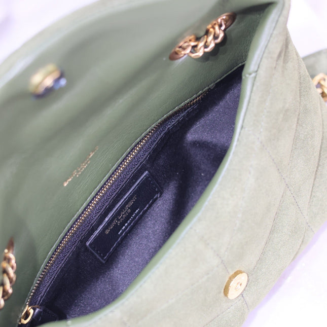 YSL 25S LOULOU PUFFER MINI 23 IN GREEN SUEDE GOLD HARDWRE