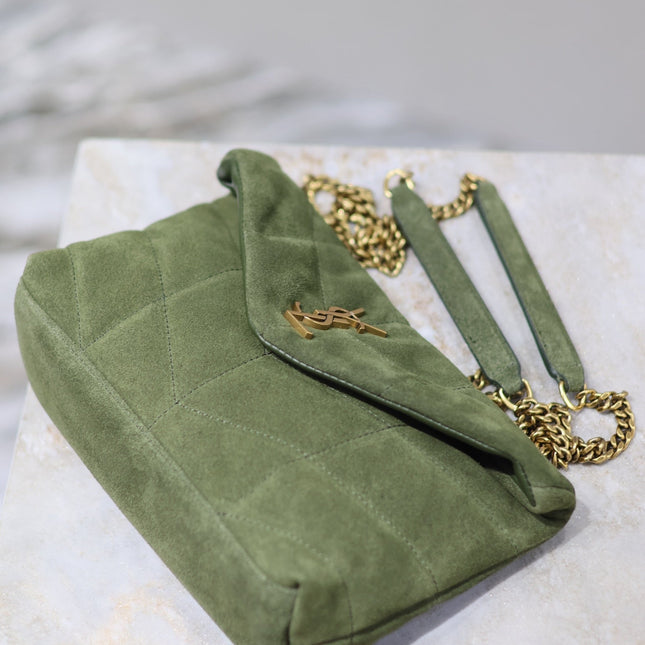 YSL 25S LOULOU PUFFER MINI 23 IN GREEN SUEDE GOLD HARDWRE