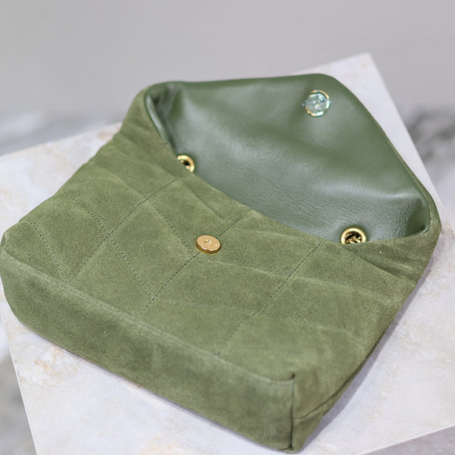 YSL 25S LOULOU PUFFER MINI 23 IN GREEN SUEDE GOLD HARDWRE