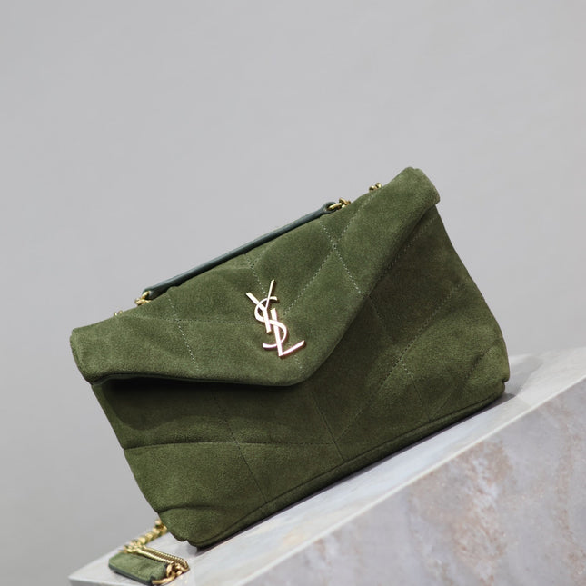 YSL 25S LOULOU PUFFER MINI 23 IN GREEN SUEDE GOLD HARDWRE