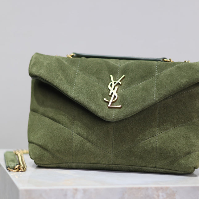 YSL 25S LOULOU PUFFER MINI 23 IN GREEN SUEDE GOLD HARDWRE