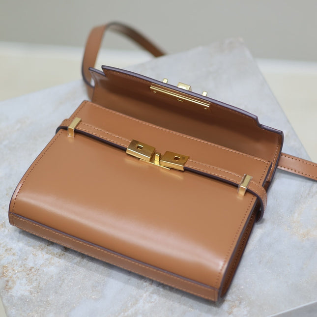 YSL 25S MINI MANHATTAN 19 IN BROWN CALFSKIN GOLD HARDWRE