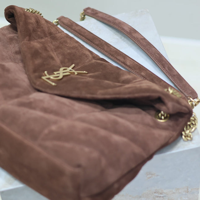 YSL 25S LOULOU PUFFER GM 35 IN DARK BROWN SUEDE GOLD HARDWRE