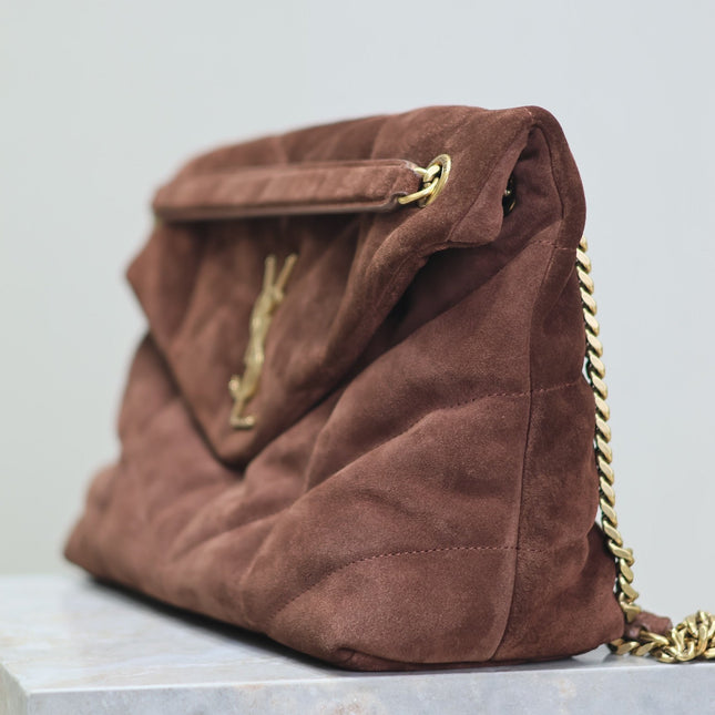 YSL 25S LOULOU PUFFER GM 35 IN DARK BROWN SUEDE GOLD HARDWRE