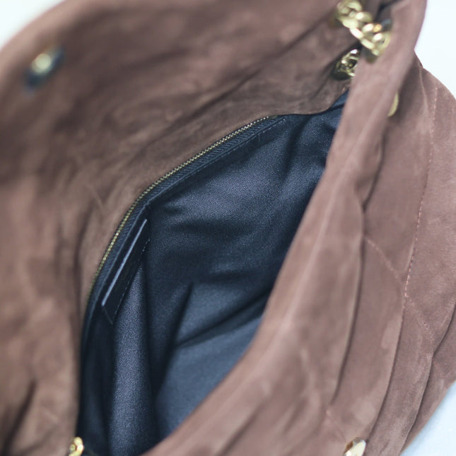 YSL 25S LOULOU PUFFER GM 35 IN DARK BROWN SUEDE GOLD HARDWRE