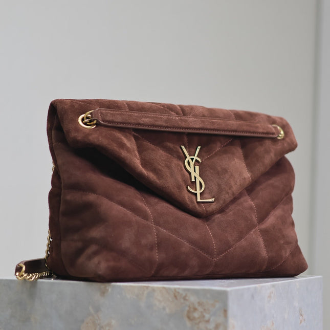 YSL 25S LOULOU PUFFER GM 35 IN DARK BROWN SUEDE GOLD HARDWRE