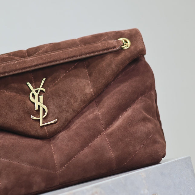 YSL 25S LOULOU PUFFER GM 35 IN DARK BROWN SUEDE GOLD HARDWRE