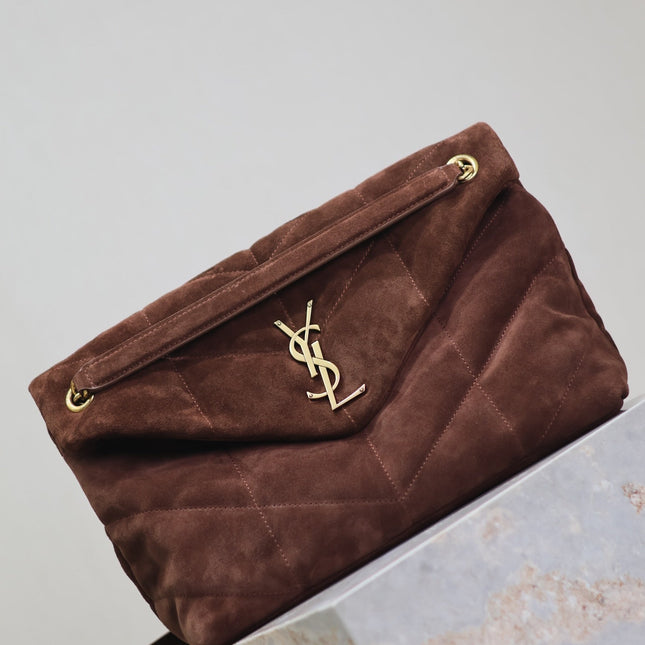 YSL 25S LOULOU PUFFER GM 35 IN DARK BROWN SUEDE GOLD HARDWRE