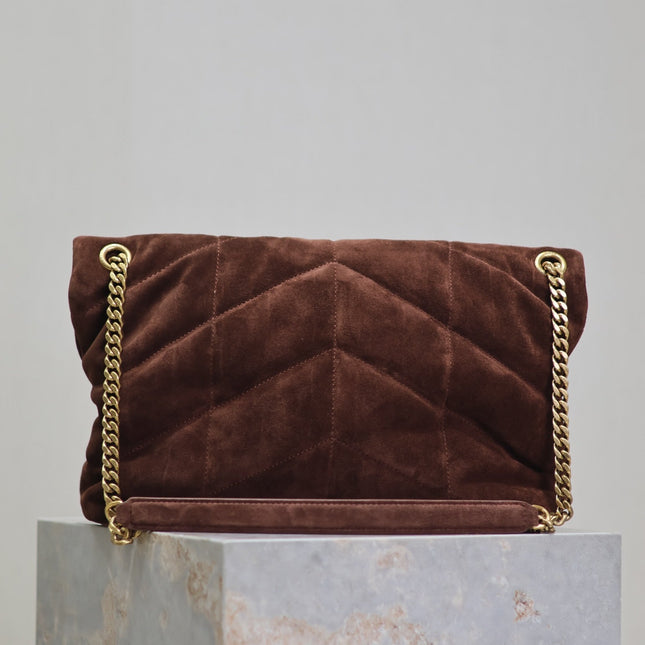 YSL 25S LOULOU PUFFER GM 35 IN DARK BROWN SUEDE GOLD HARDWRE