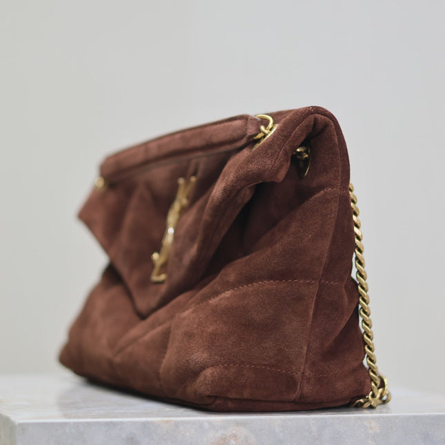 YSL 25S LOULOU PUFFER MM 29 IN DARK BROWN SUEDE GOLD HARDWRE