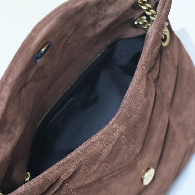 YSL 25S LOULOU PUFFER MM 29 IN DARK BROWN SUEDE GOLD HARDWRE
