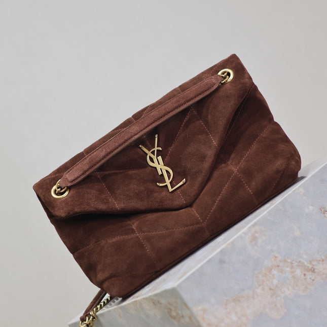 YSL 25S LOULOU PUFFER MM 29 IN DARK BROWN SUEDE GOLD HARDWRE