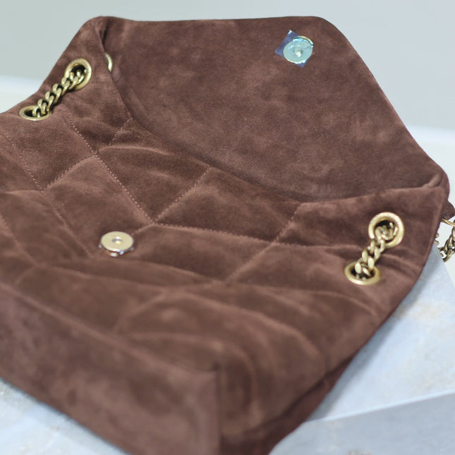 YSL 25S LOULOU PUFFER MM 29 IN DARK BROWN SUEDE GOLD HARDWRE