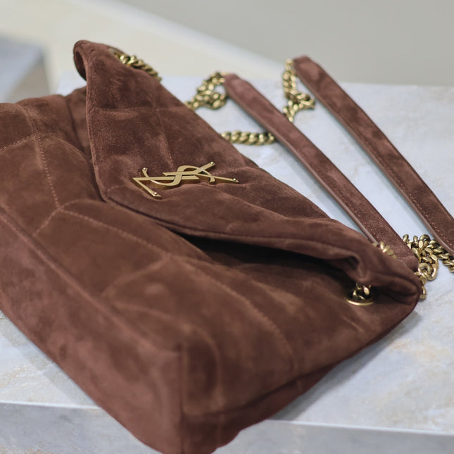 YSL 25S LOULOU PUFFER MM 29 IN DARK BROWN SUEDE GOLD HARDWRE